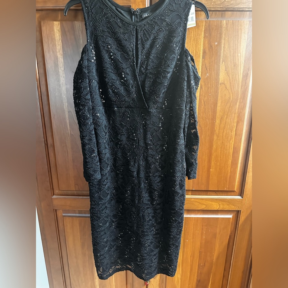 Marina long sleeve black lace sequin embellishment cold shoulder cocktail dress